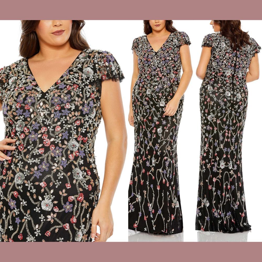 NWT Mac Duggal [PLUS 20W ] 5751 Embellished Flutter Cap Sleeve V Neck Gown black